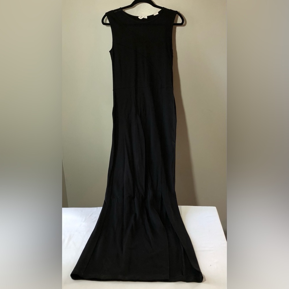 Marcella nyc black sleeveless maxi a-line dress L leg slit mesh inserts